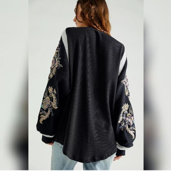 Free People Black V-Neck Sweater with Sequin Floral Embroidery - Picture 2 of 9